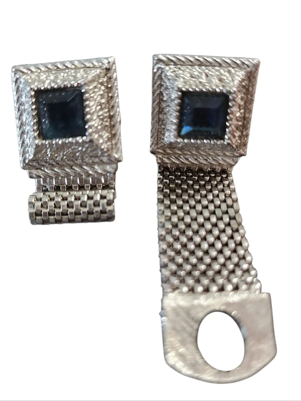 Vintage Silvertone Square Cufflinks Dark Blue Stone